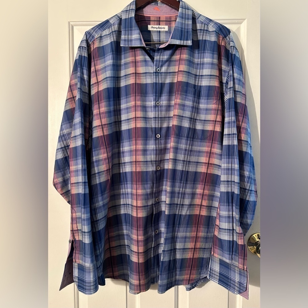 TOMMY BAHAMA Men’s XXL Long Sleeve Cotton Silk Blend Blue Pk Plaid Resort Shirt